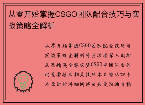 从零开始掌握CSGO团队配合技巧与实战策略全解析